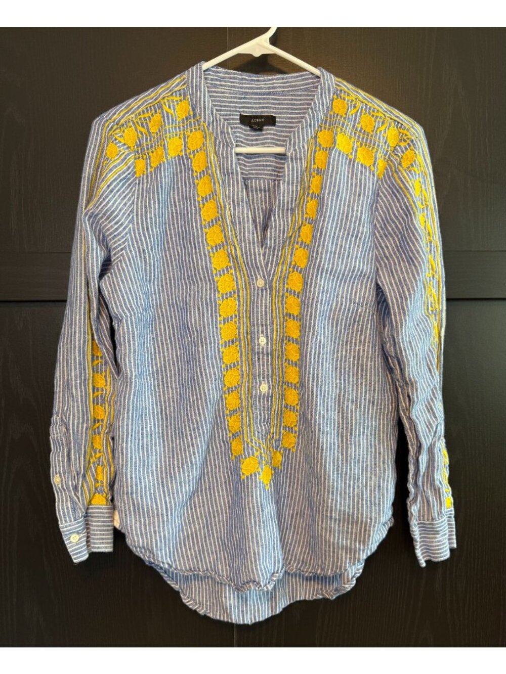 J. Crew Women's Linen Embroidered Chambray Striped Long Sleeve Blouse Small Boho